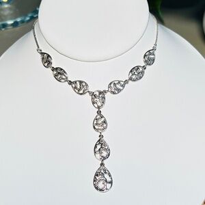Intriguing Scrolled Tear Drop Silver Plated Lariat Y Drop Necklace, 15”-17”